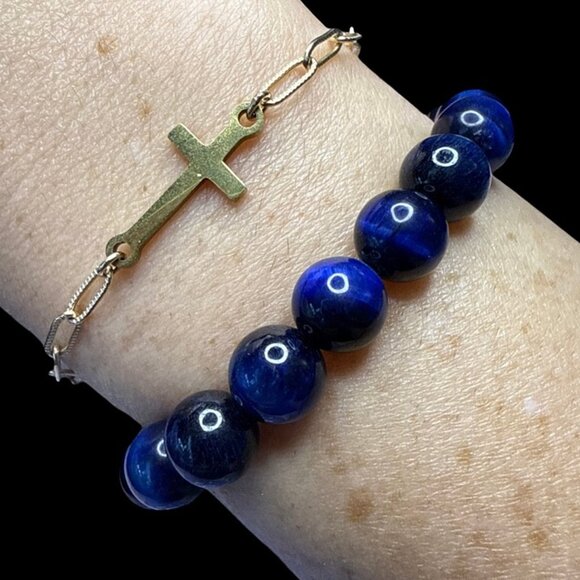 Blue Tigers Eye Beads Bracelet Jewelry Natural Stone Crystal gemstone NEW - Picture 3 of 7